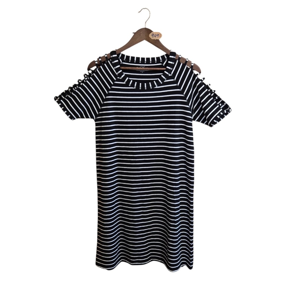 August Silk‎ Women's Striped Short Sleeve Dress Size M Black White Round Neck